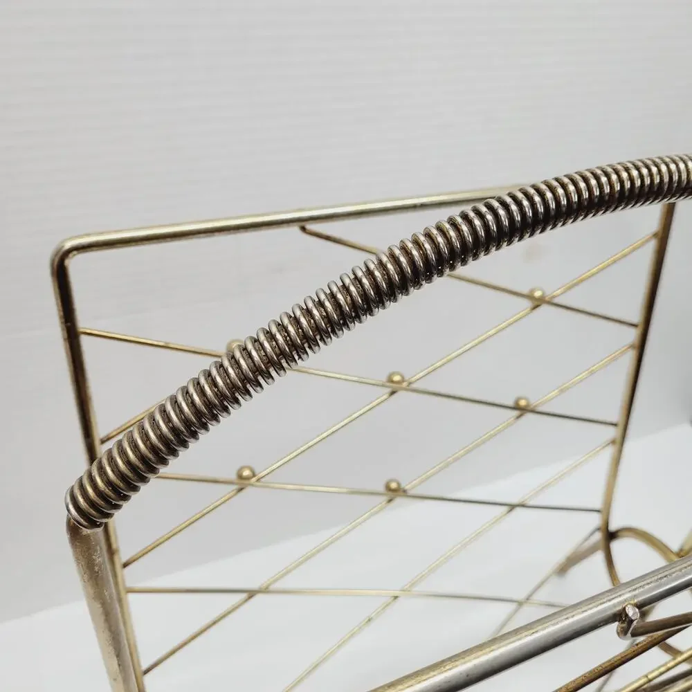 Vtg MCM ATOMIC Diamond Magazine Rack Holder Gold Brass Plate Wire Wrapped Handle